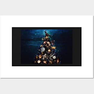 Christmas Steampunk Crow mechanical tree lanterns lights holiday Posters and Art